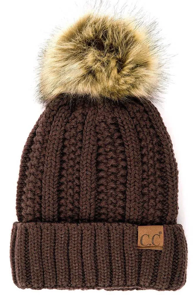 C.C Knit Beanie With Fuzzy Lining and Pom Winter Hat