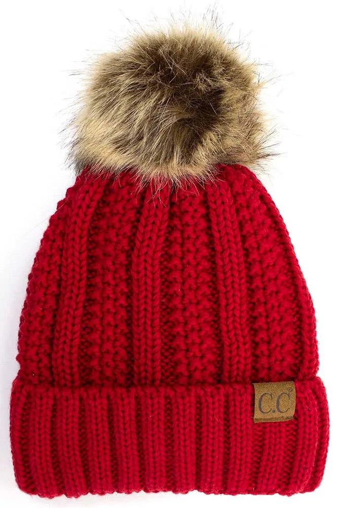 C.C Knit Beanie With Fuzzy Lining and Pom Winter Hat