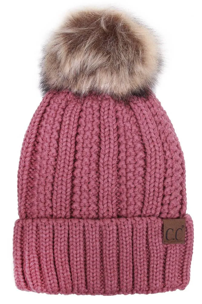 C.C Knit Beanie With Fuzzy Lining and Pom Winter Hat