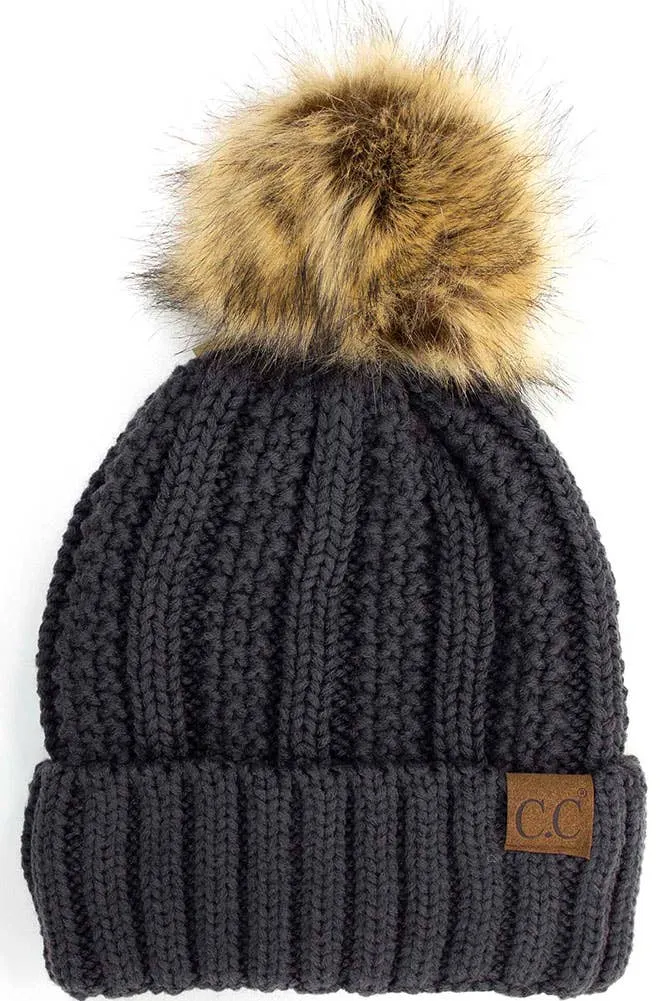 C.C Knit Beanie With Fuzzy Lining and Pom Winter Hat