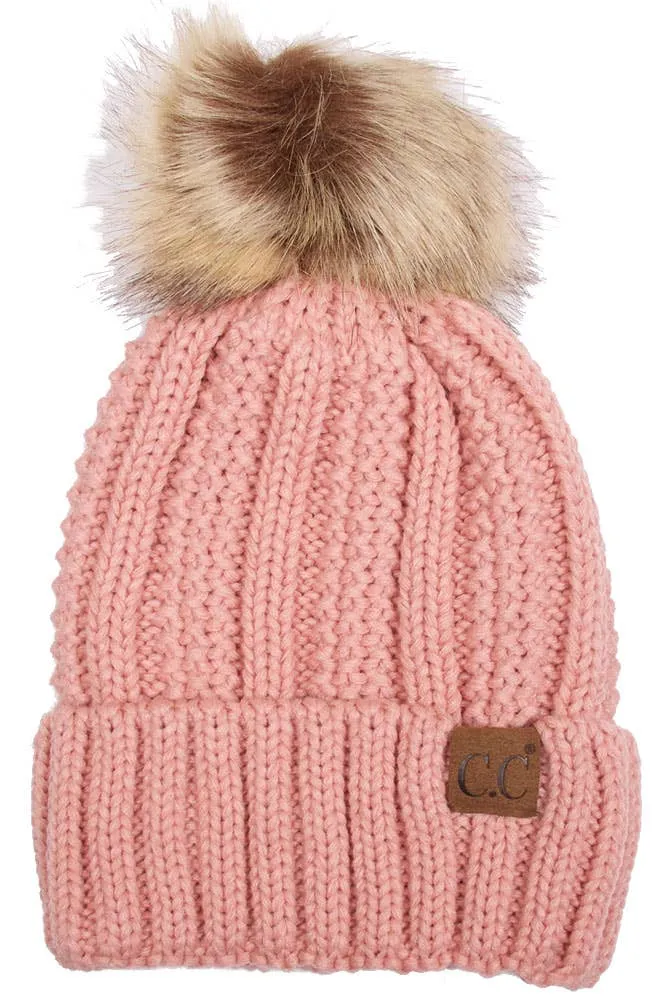 C.C Knit Beanie With Fuzzy Lining and Pom Winter Hat