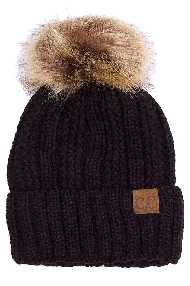 C.C Knit Beanie With Fuzzy Lining and Pom Winter Hat
