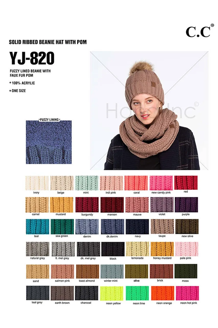 C.C Knit Beanie With Fuzzy Lining and Pom Winter Hat