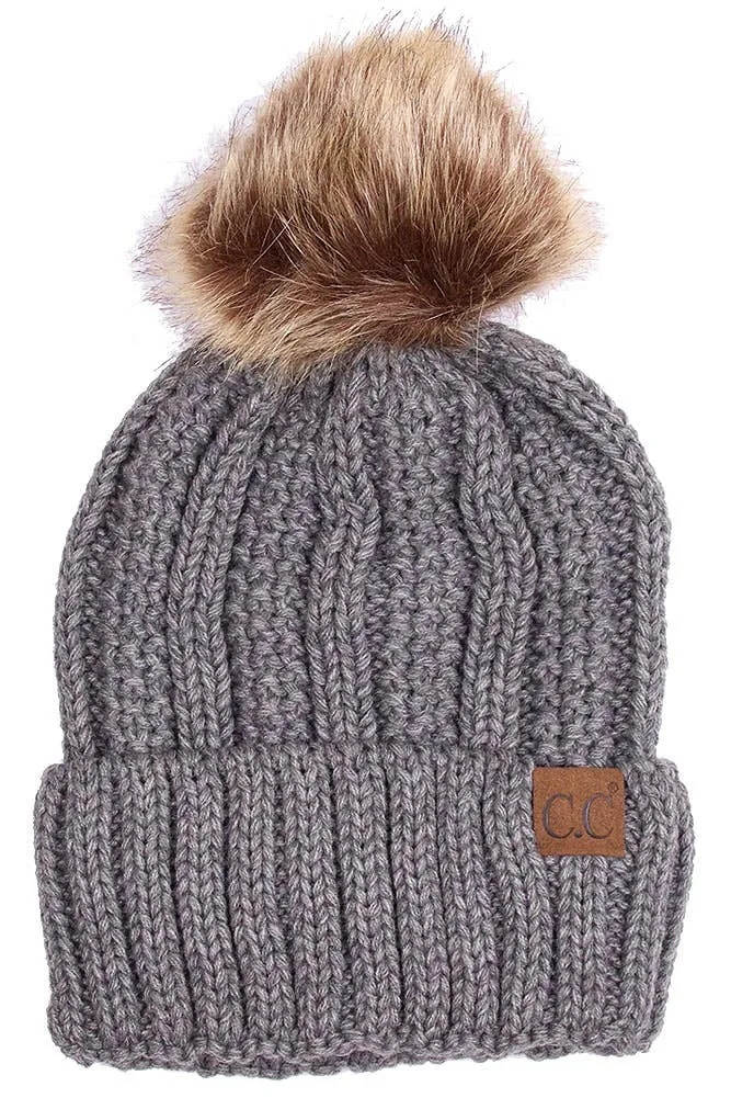 C.C Knit Beanie With Fuzzy Lining and Pom Winter Hat