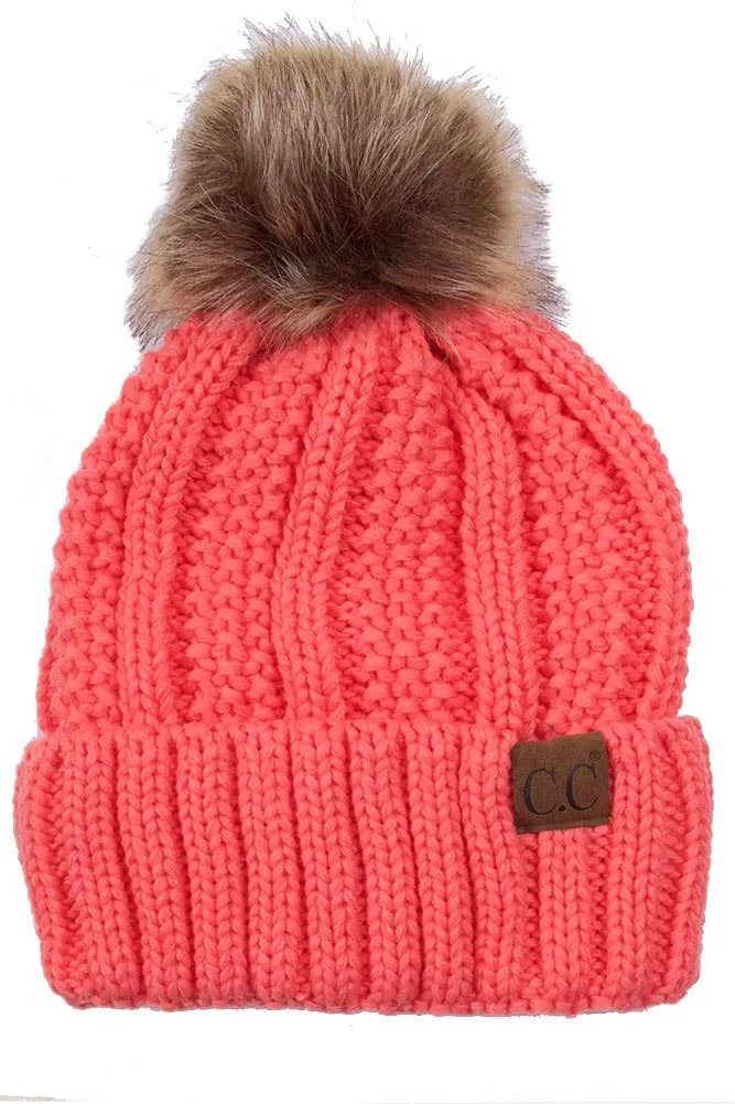 C.C Knit Beanie With Fuzzy Lining and Pom Winter Hat