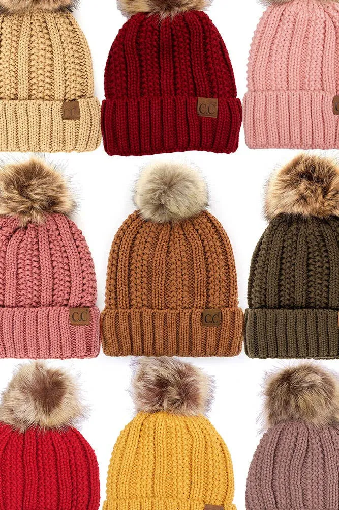 C.C Knit Beanie With Fuzzy Lining and Pom Winter Hat