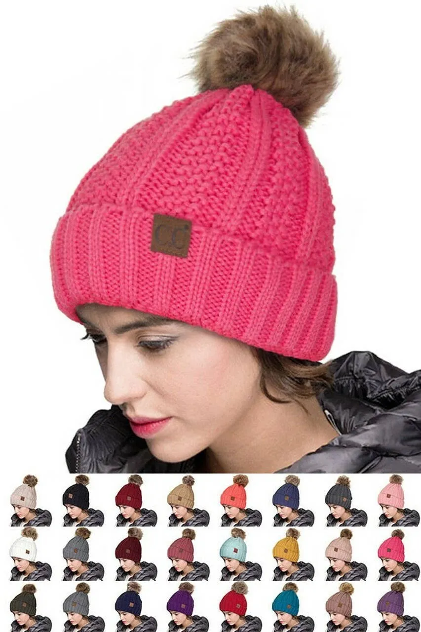 C.C Knit Beanie With Fuzzy Lining and Pom Winter Hat