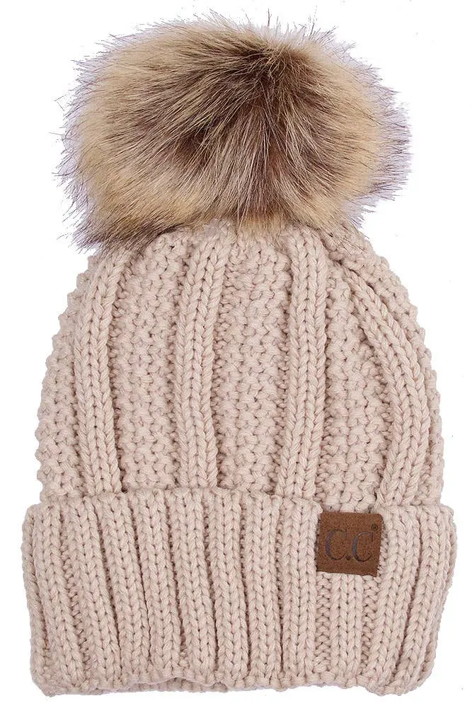 C.C Knit Beanie With Fuzzy Lining and Pom Winter Hat
