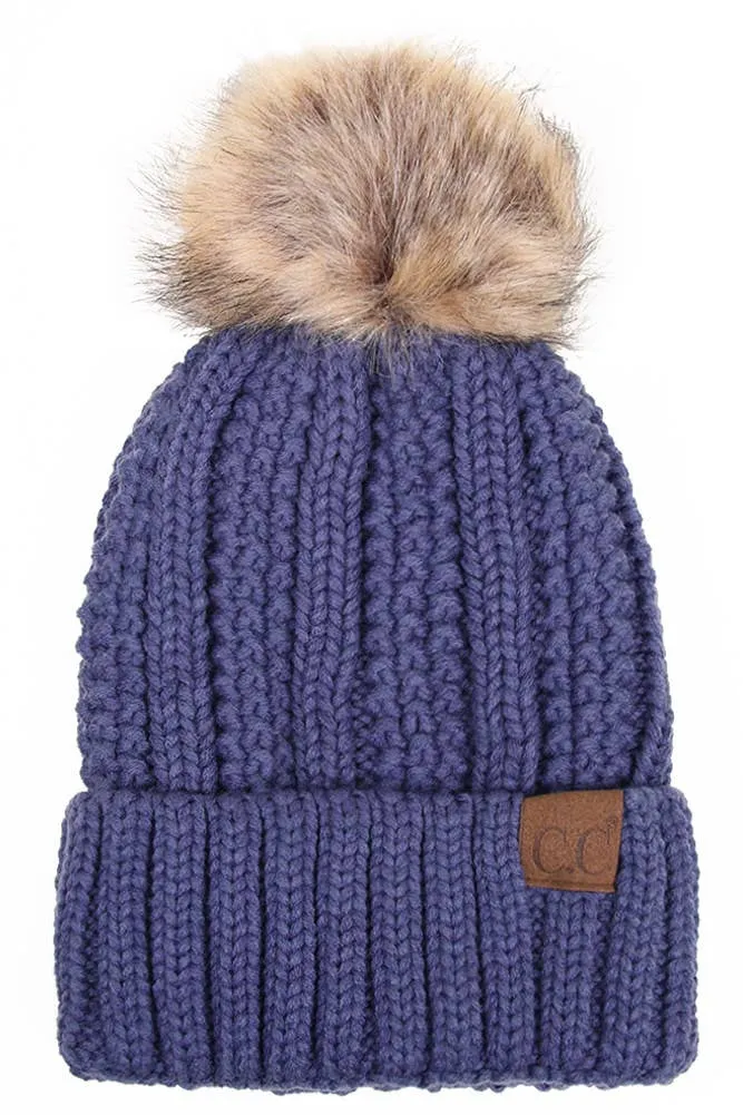 C.C Knit Beanie With Fuzzy Lining and Pom Winter Hat