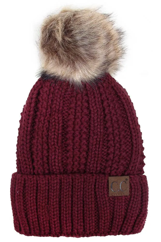 C.C Knit Beanie With Fuzzy Lining and Pom Winter Hat