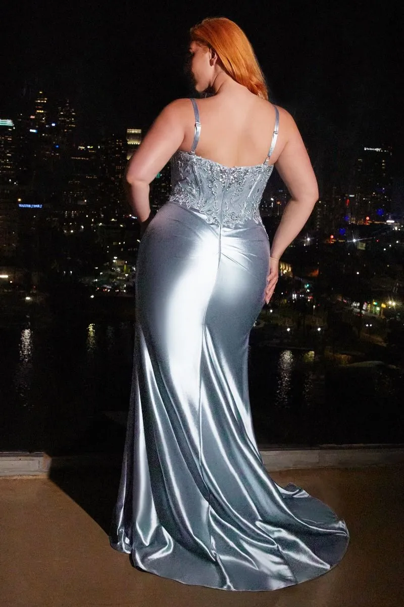 CD CD838C - Plus Size Stretch Satin Fit & Flare Prom Gown with Lace Detailed Corset Bodice Ruched Waist & Leg Slit