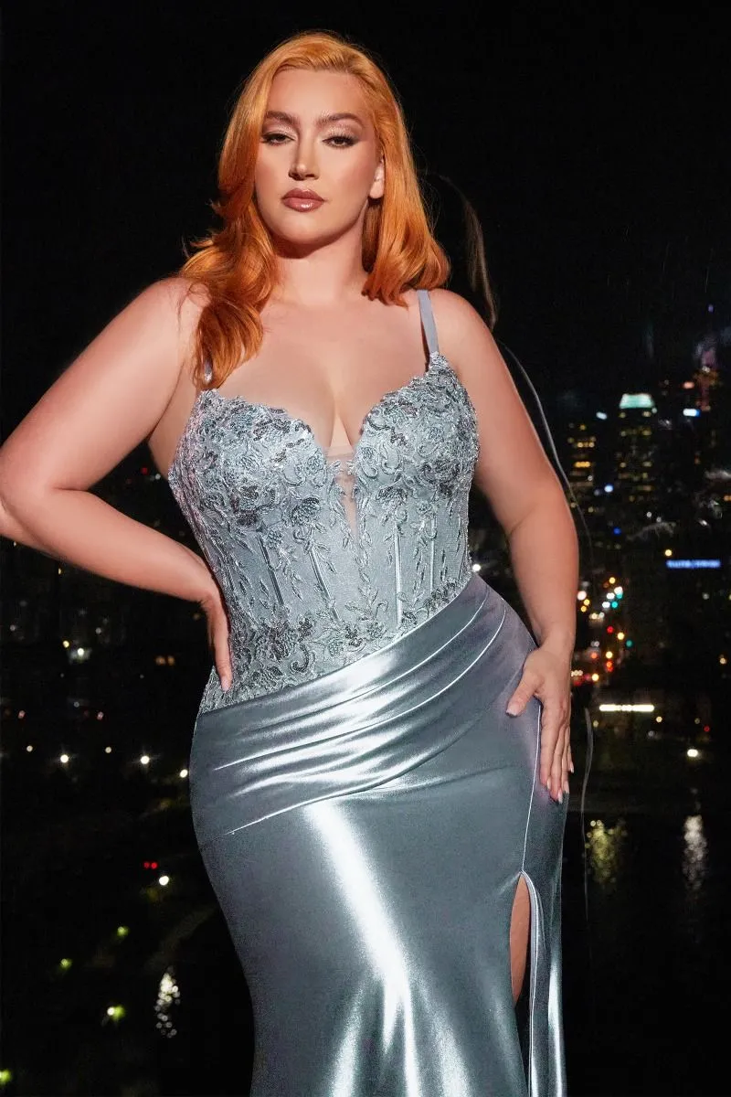 CD CD838C - Plus Size Stretch Satin Fit & Flare Prom Gown with Lace Detailed Corset Bodice Ruched Waist & Leg Slit