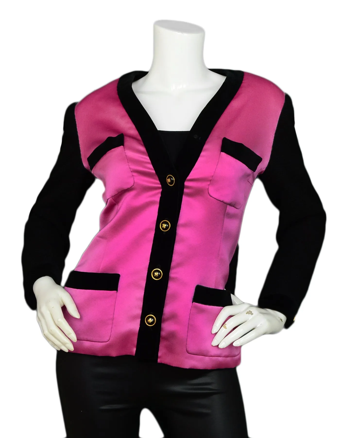 Chanel Pink Silk with Black Velvet Trim Jacket sz 40