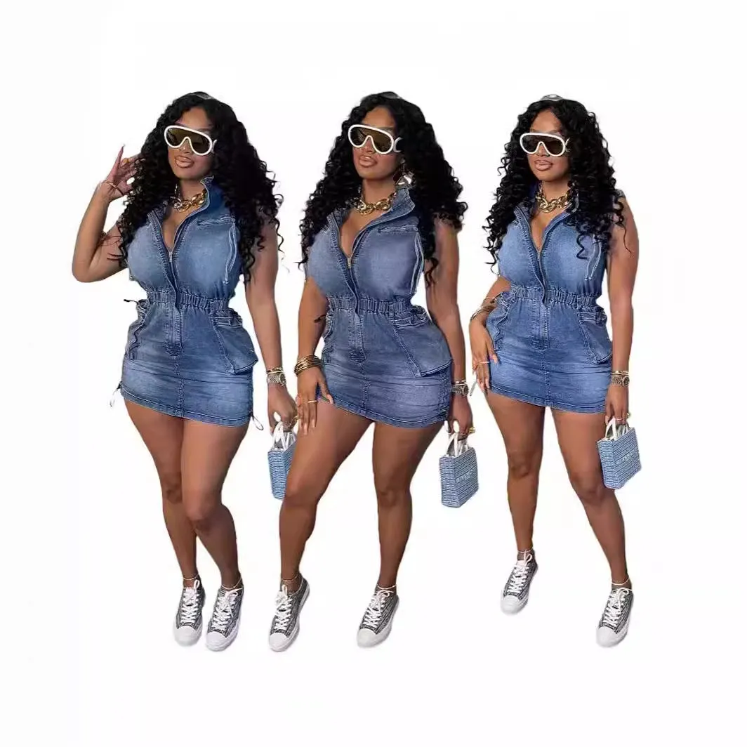 Cm8715  Supply European and American New Spring and Summer Short Sleeve Elastic Waist Drawstring Sexy Sheath Stretch Denim Skirt