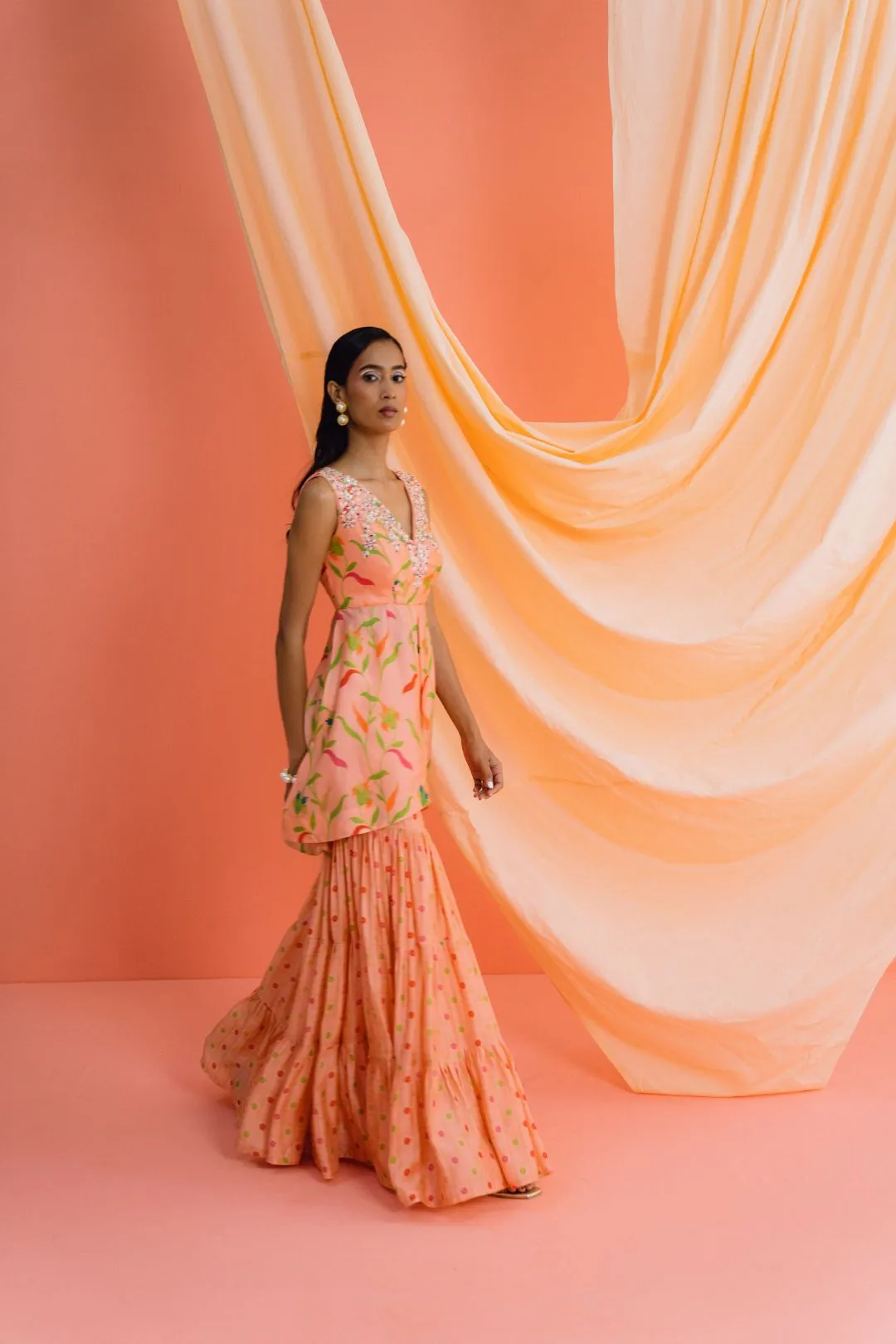 Coral Printed Sharara Set