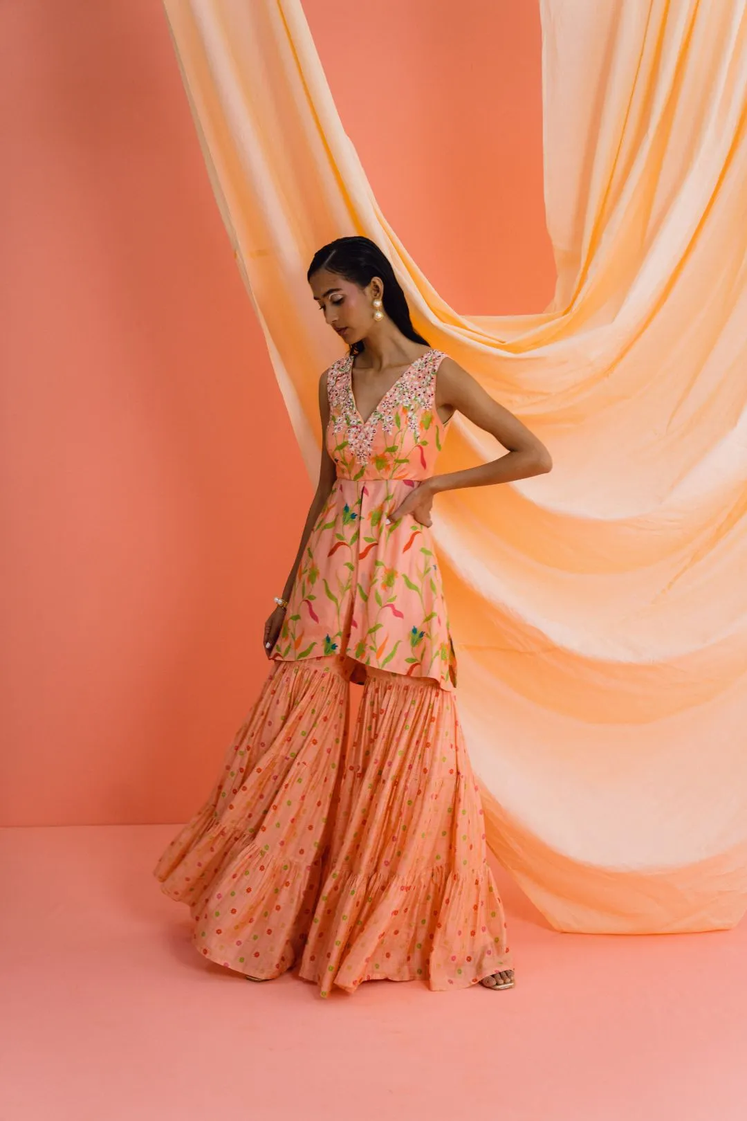 Coral Printed Sharara Set