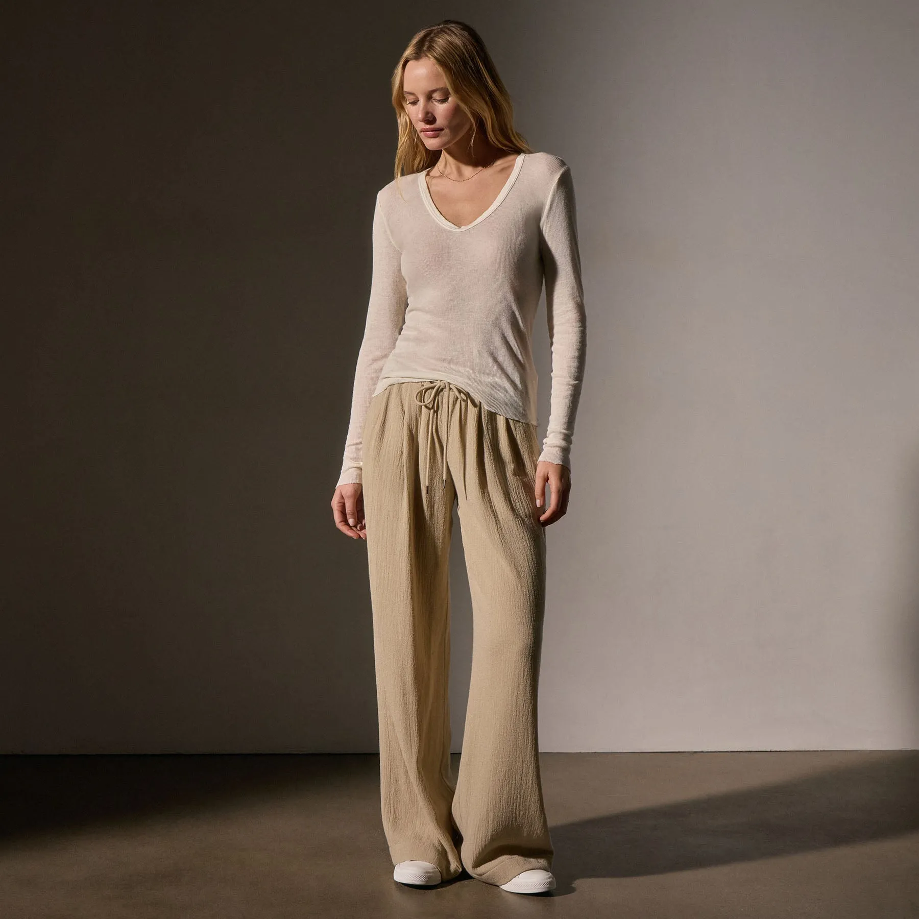 Cotton Cashmere Blend Deep V Tee - Ivory
