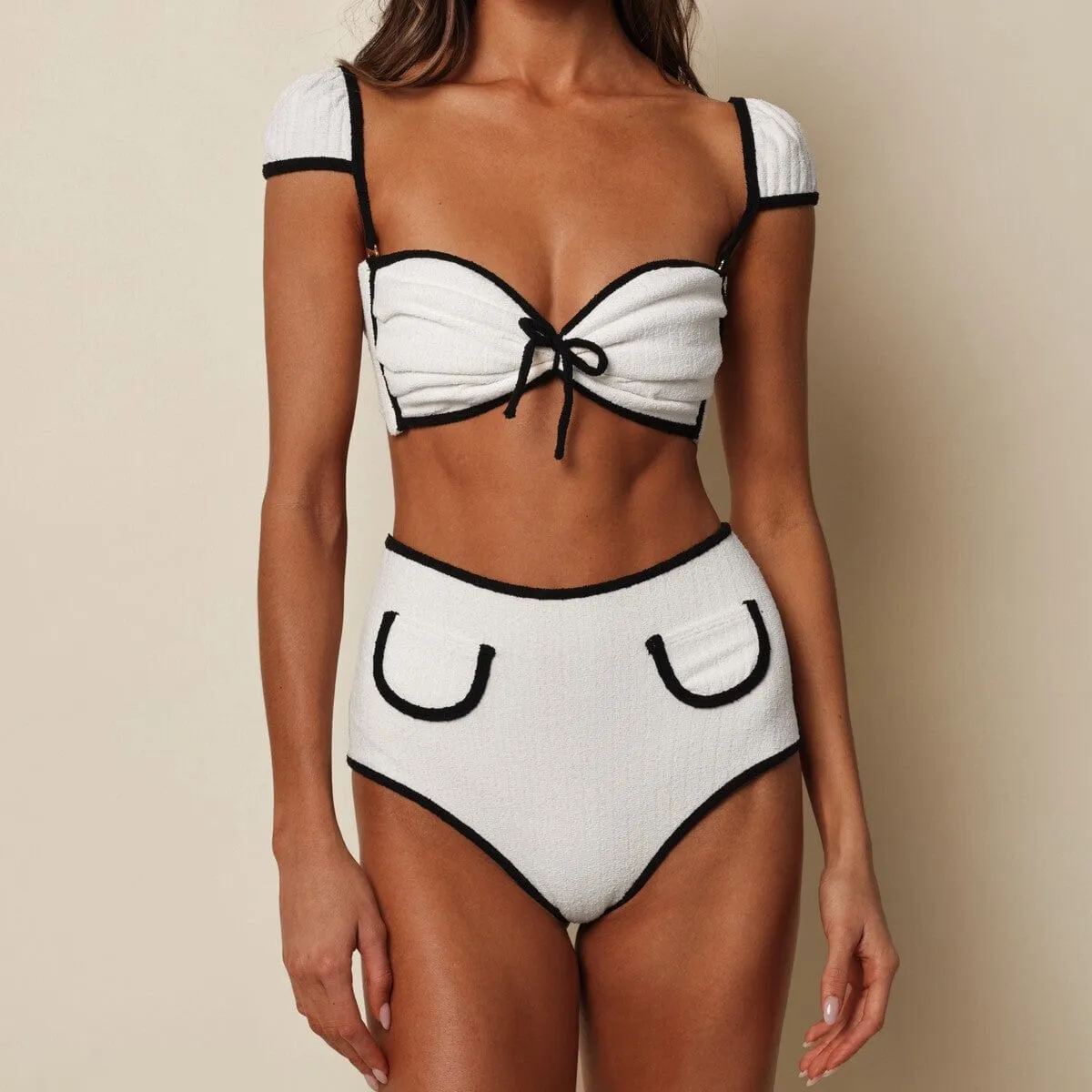 Cream (Black Binded) Terry Rib Cabana Bows Bikini Top