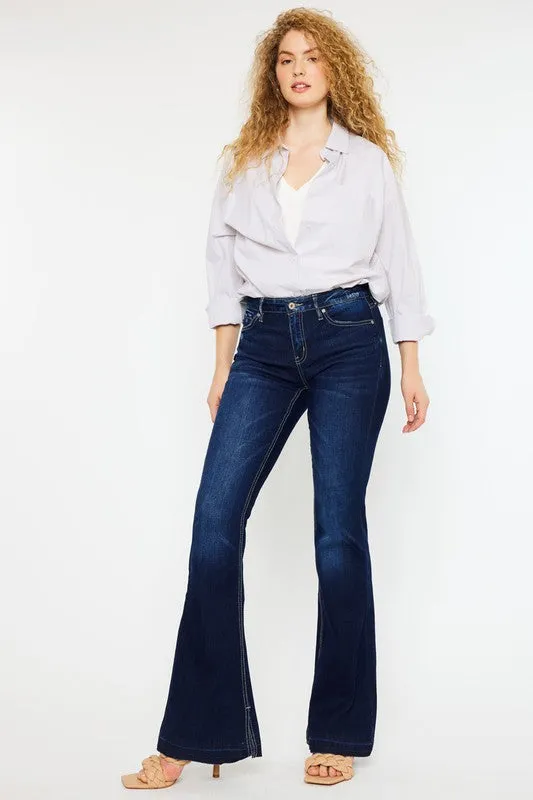 Dark Blue Mid Rise Slit Hem Detail Flared Denim Jean Pants