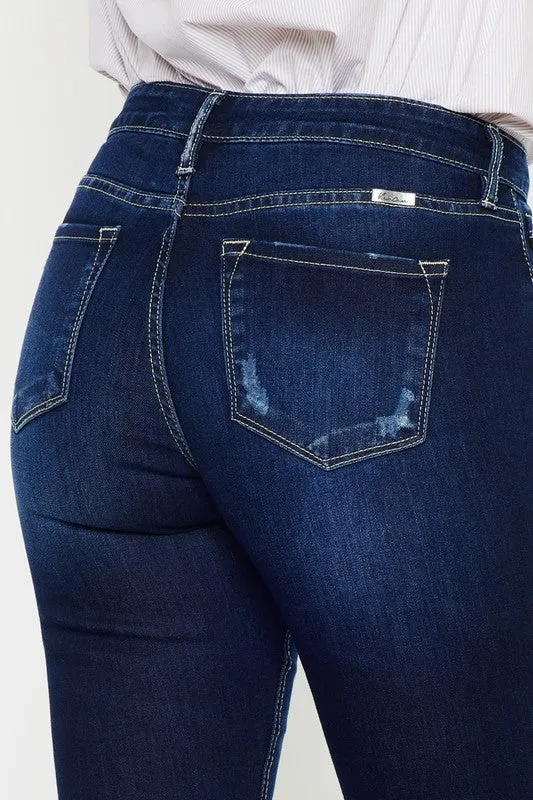 Dark Blue Mid Rise Slit Hem Detail Flared Denim Jean Pants