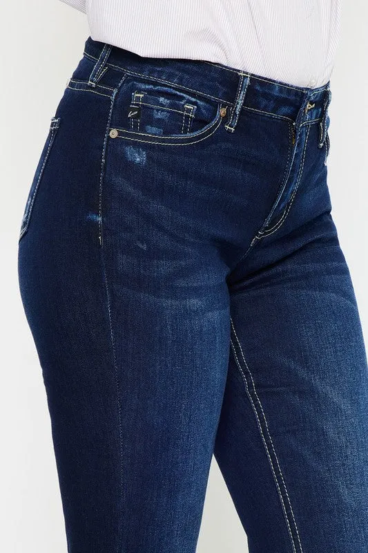 Dark Blue Mid Rise Slit Hem Detail Flared Denim Jean Pants