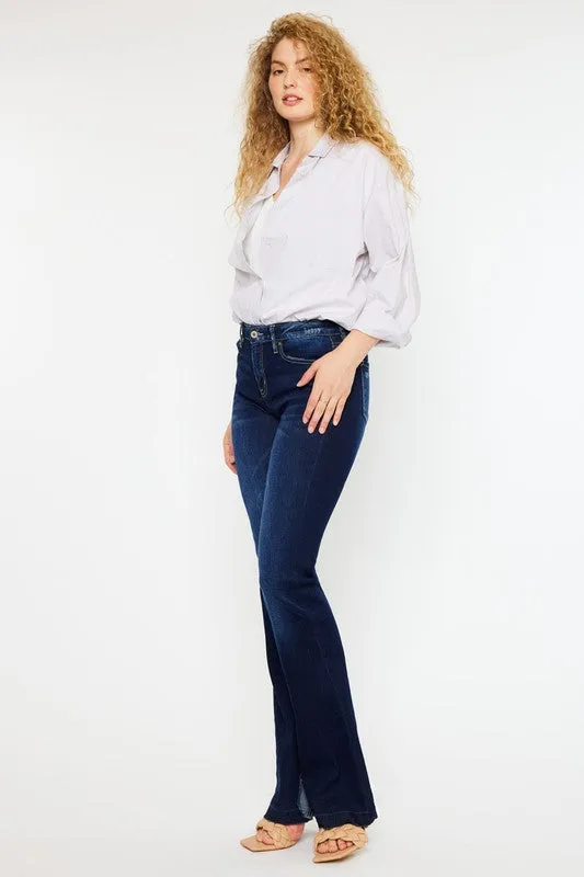 Dark Blue Mid Rise Slit Hem Detail Flared Denim Jean Pants