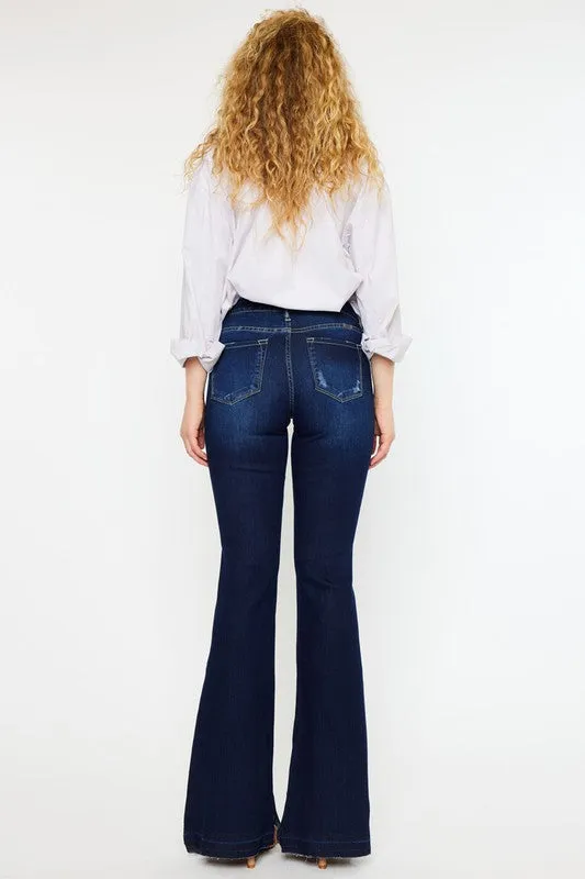 Dark Blue Mid Rise Slit Hem Detail Flared Denim Jean Pants