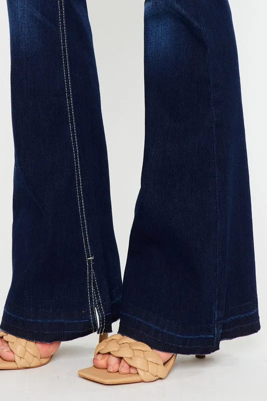 Dark Blue Mid Rise Slit Hem Detail Flared Denim Jean Pants