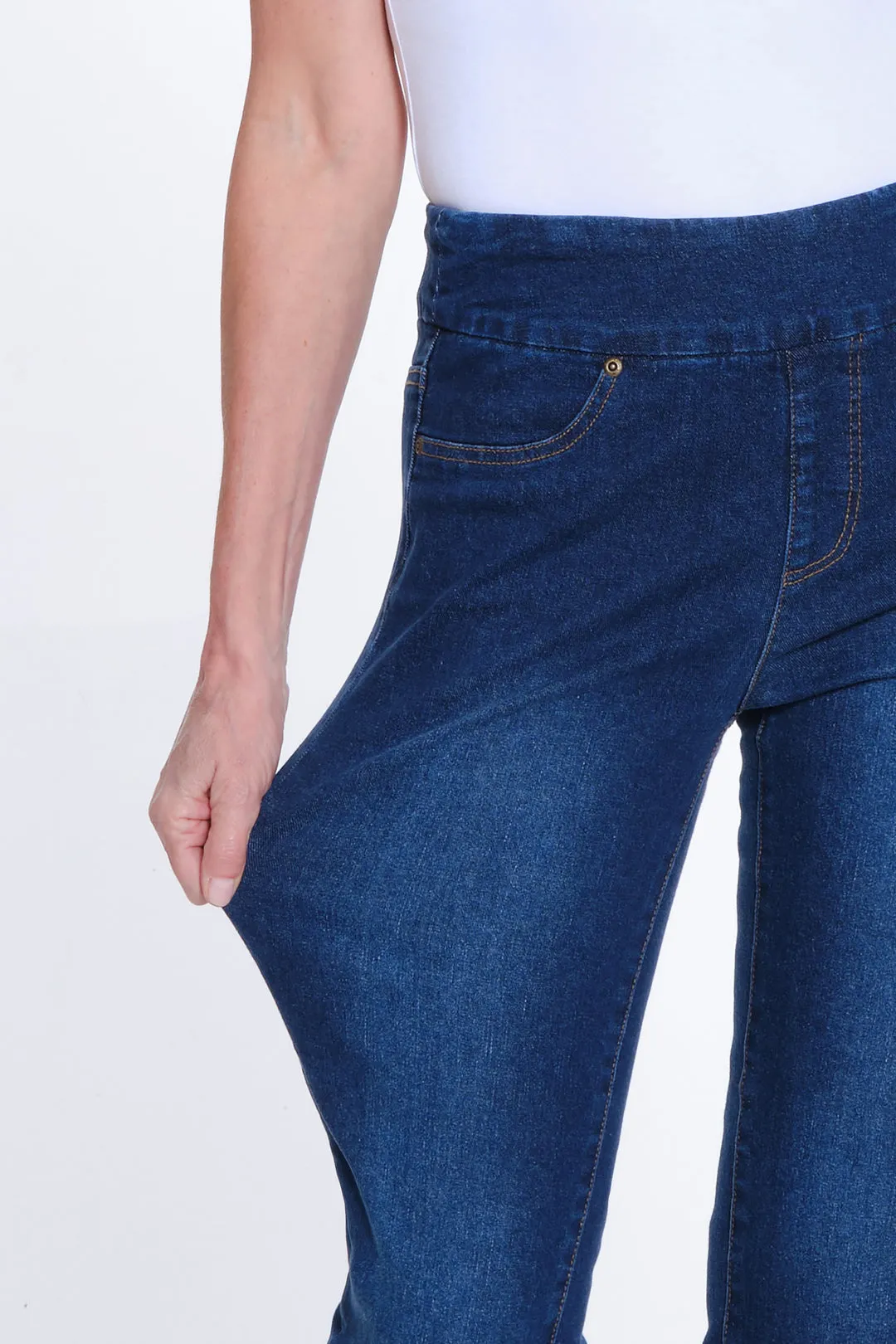 Denim Pull On Jeans w/ Pearl Details at Hem by Slimsation