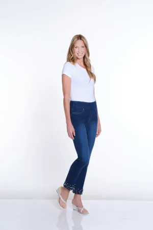 Denim Pull On Jeans w/ Pearl Details at Hem by Slimsation