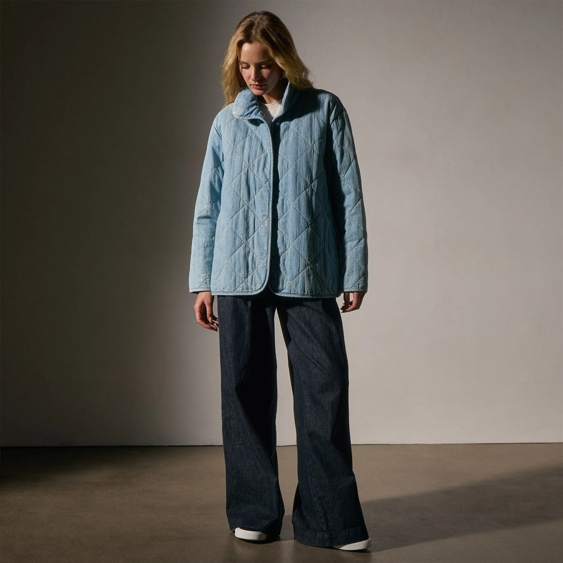 Diamond Quilted Denim Jacket - Bleach Wash