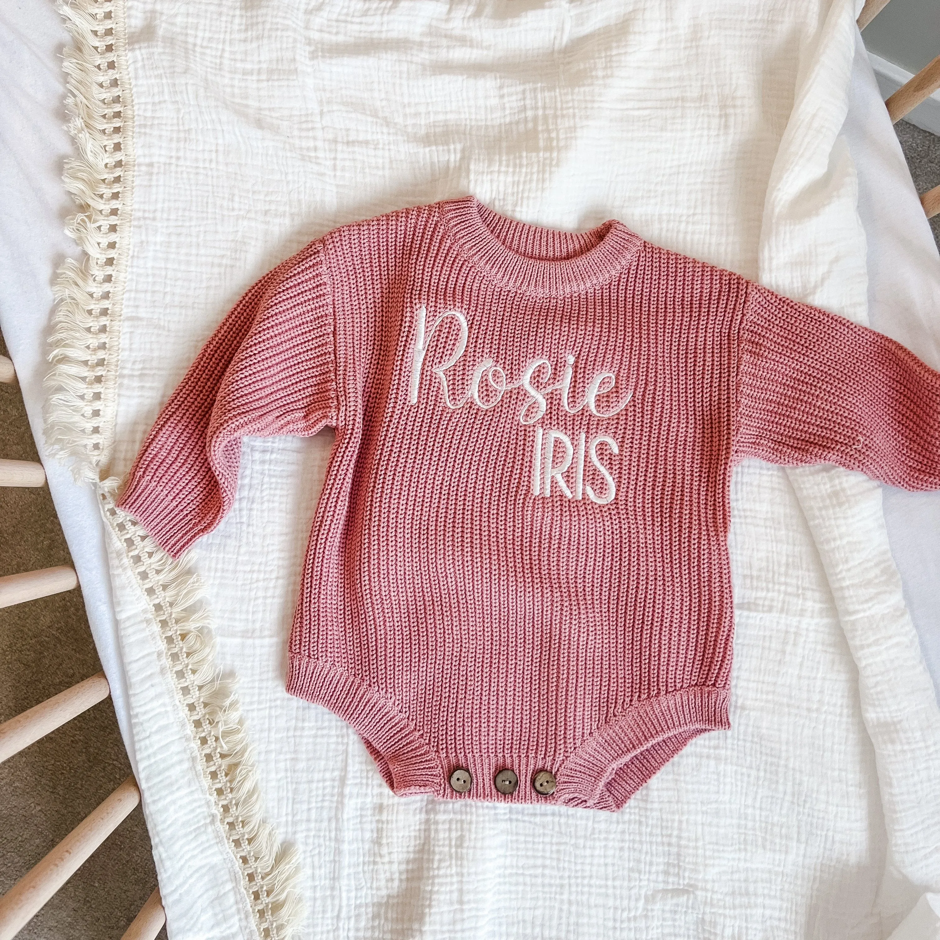 Dusty Pink Personalised Knitted Romper Script Name