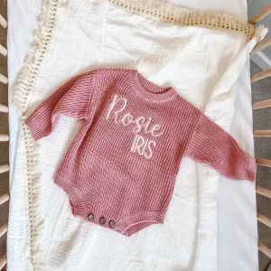 Dusty Pink Personalised Knitted Romper Script Name