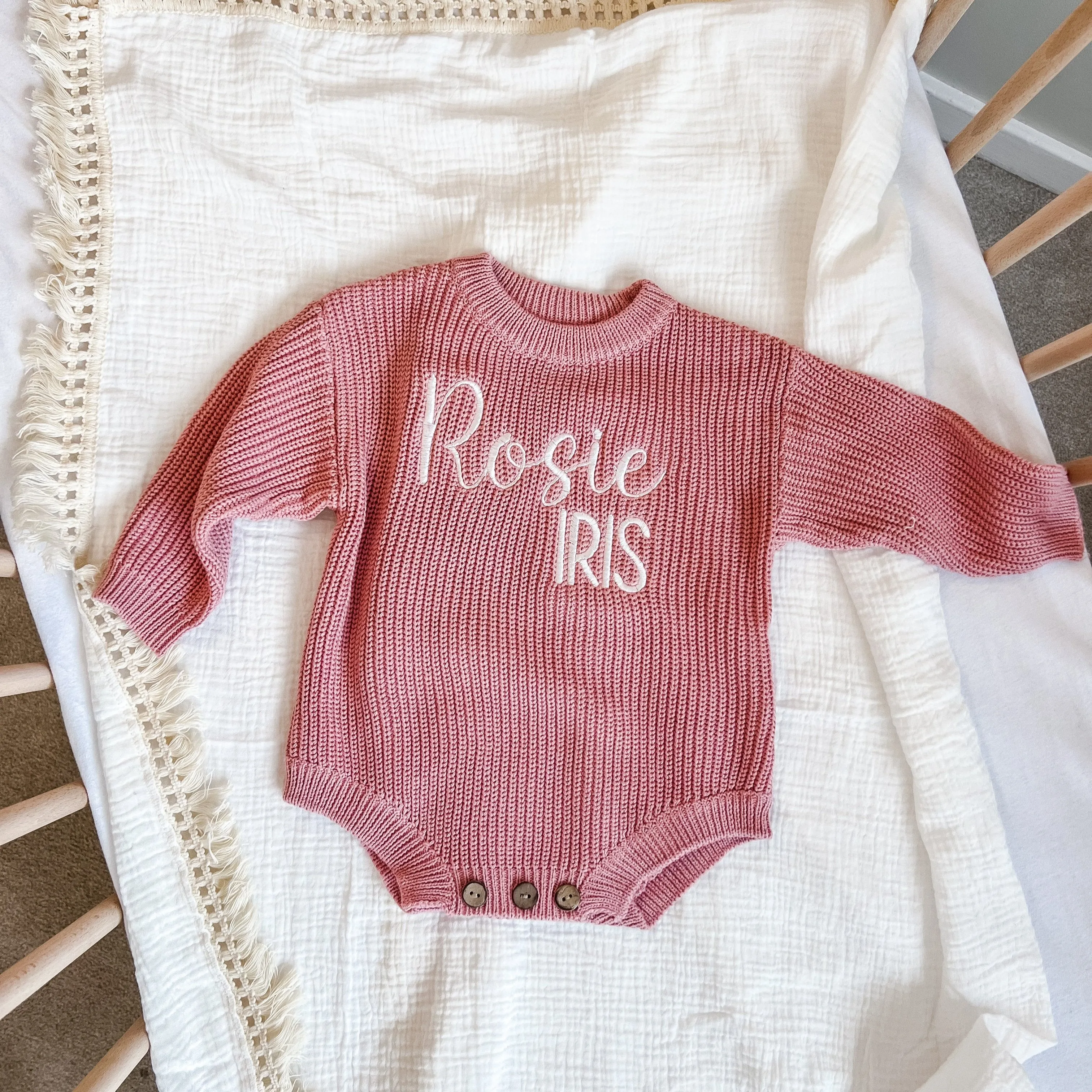 Dusty Pink Personalised Knitted Romper Script Name