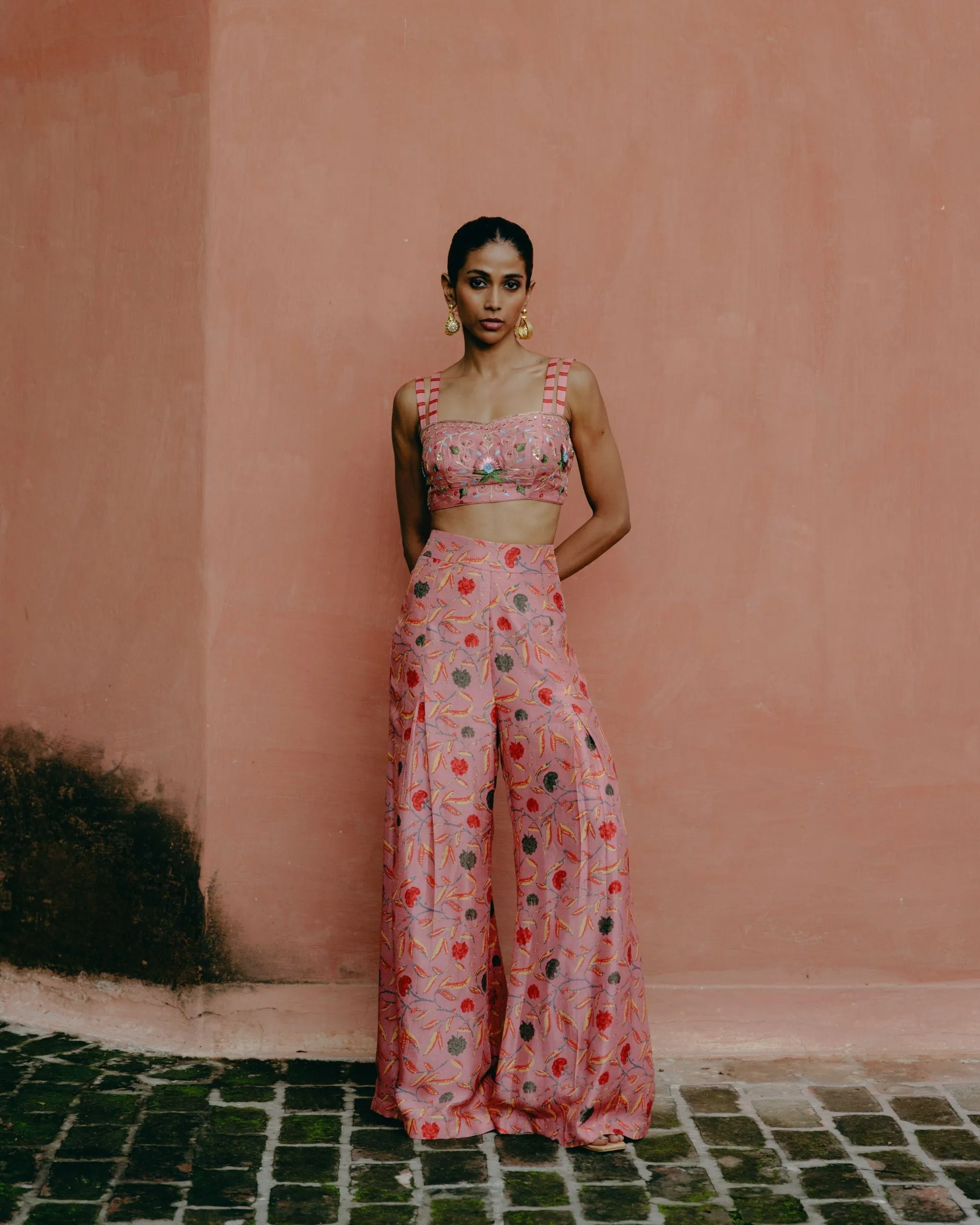 Dusty rose crop top   pleated pants