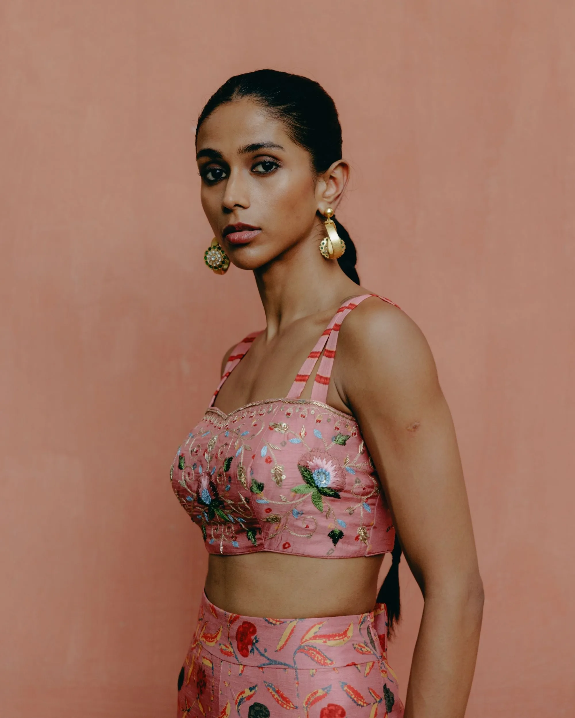 Dusty rose crop top   pleated pants