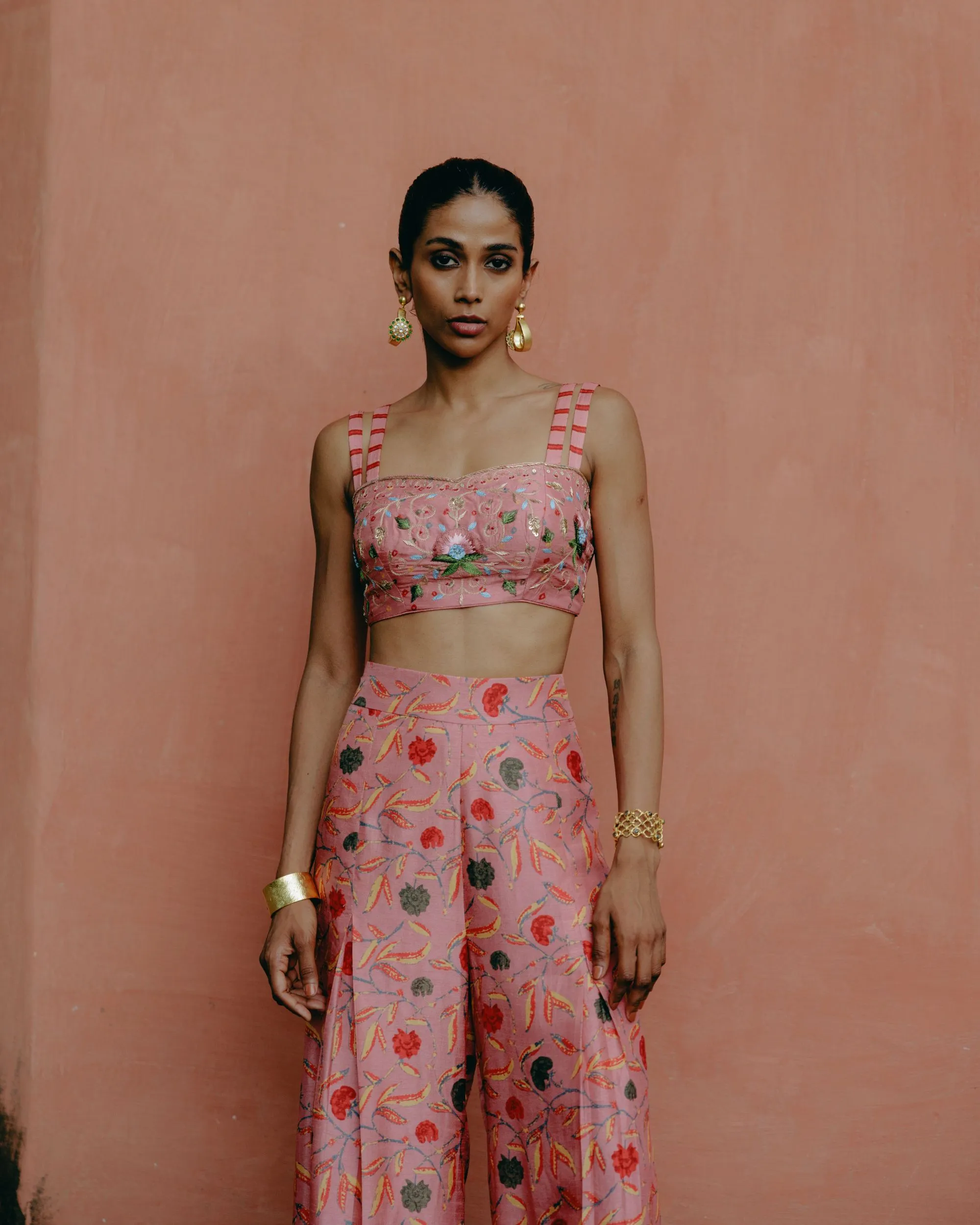 Dusty rose crop top   pleated pants