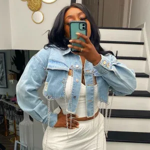 Fashion Unique Women's Ripped Distressed Cropped Denim Jacket
