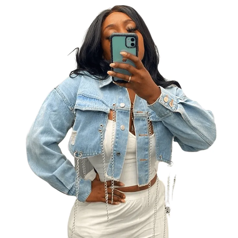 Fashion Unique Women's Ripped Distressed Cropped Denim Jacket