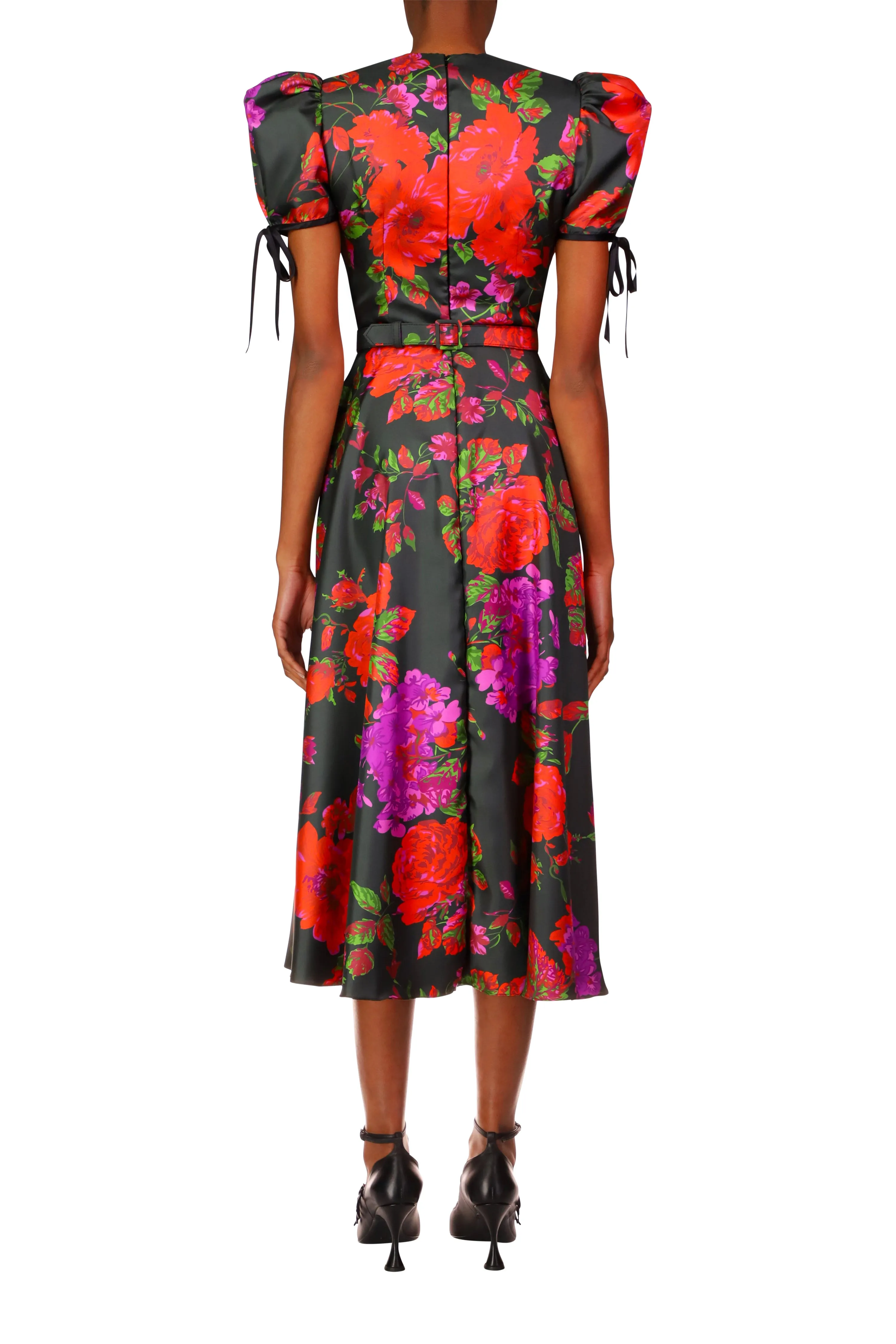 Floral Printed Twill Dress With Silk Flower