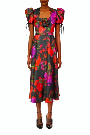 Floral Printed Twill Dress With Silk Flower