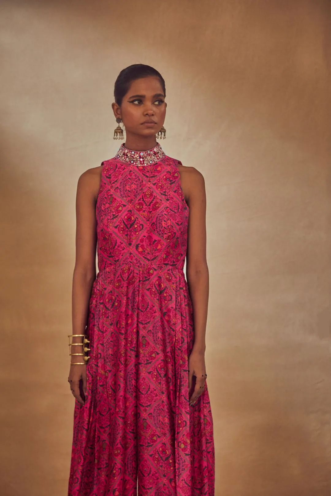Fuchsia Collared Pleated Jumpsuit