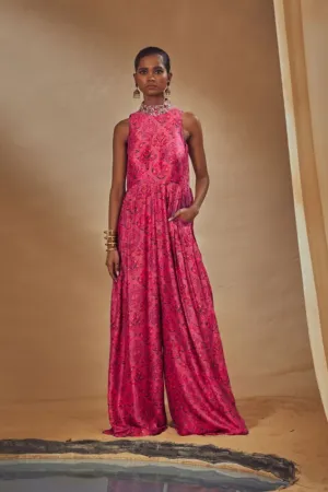 Fuchsia Collared Pleated Jumpsuit
