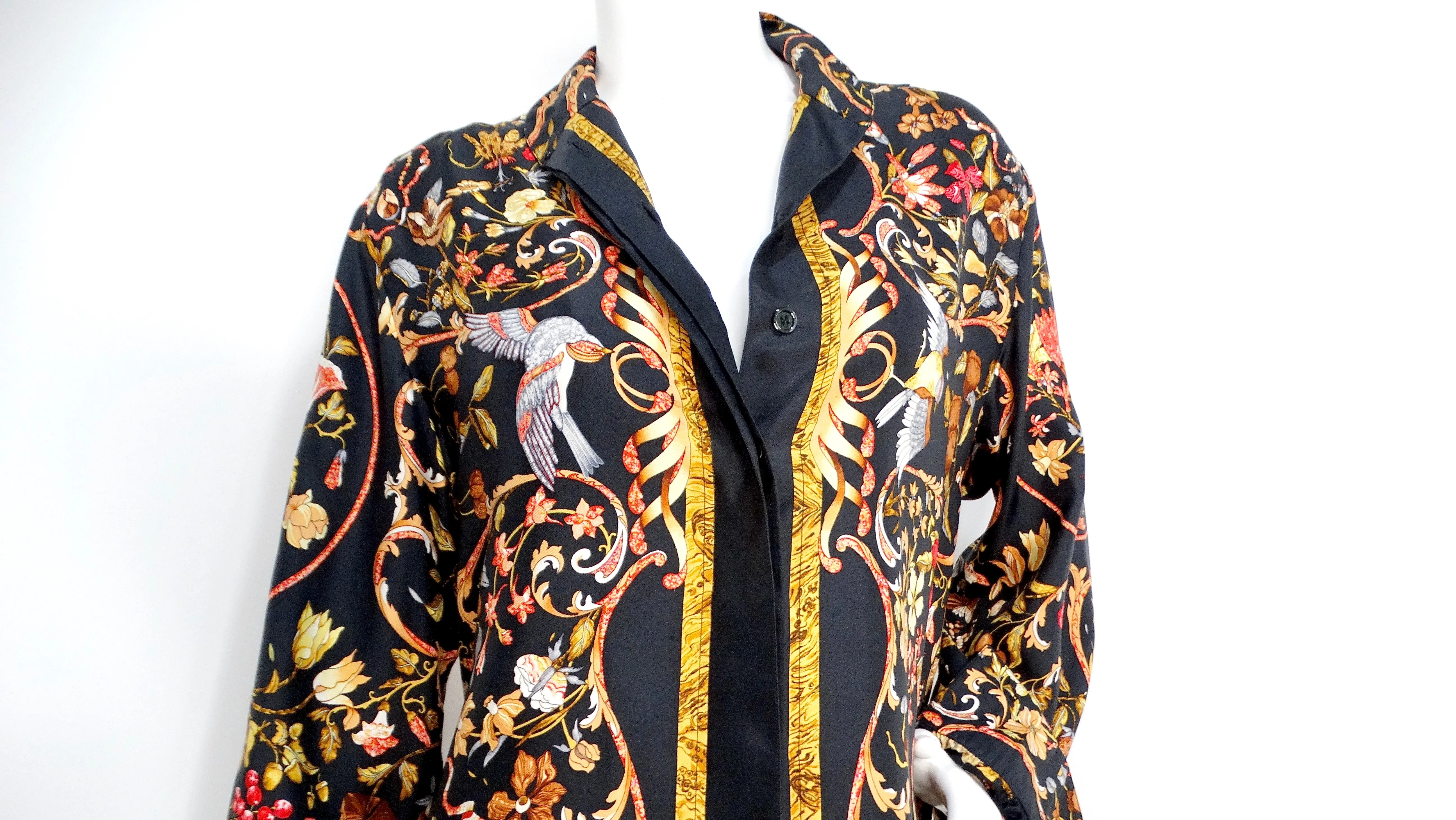 Hermes 1980s Floral and Bird Print Silk Button-Up Long-sleeve Shirt