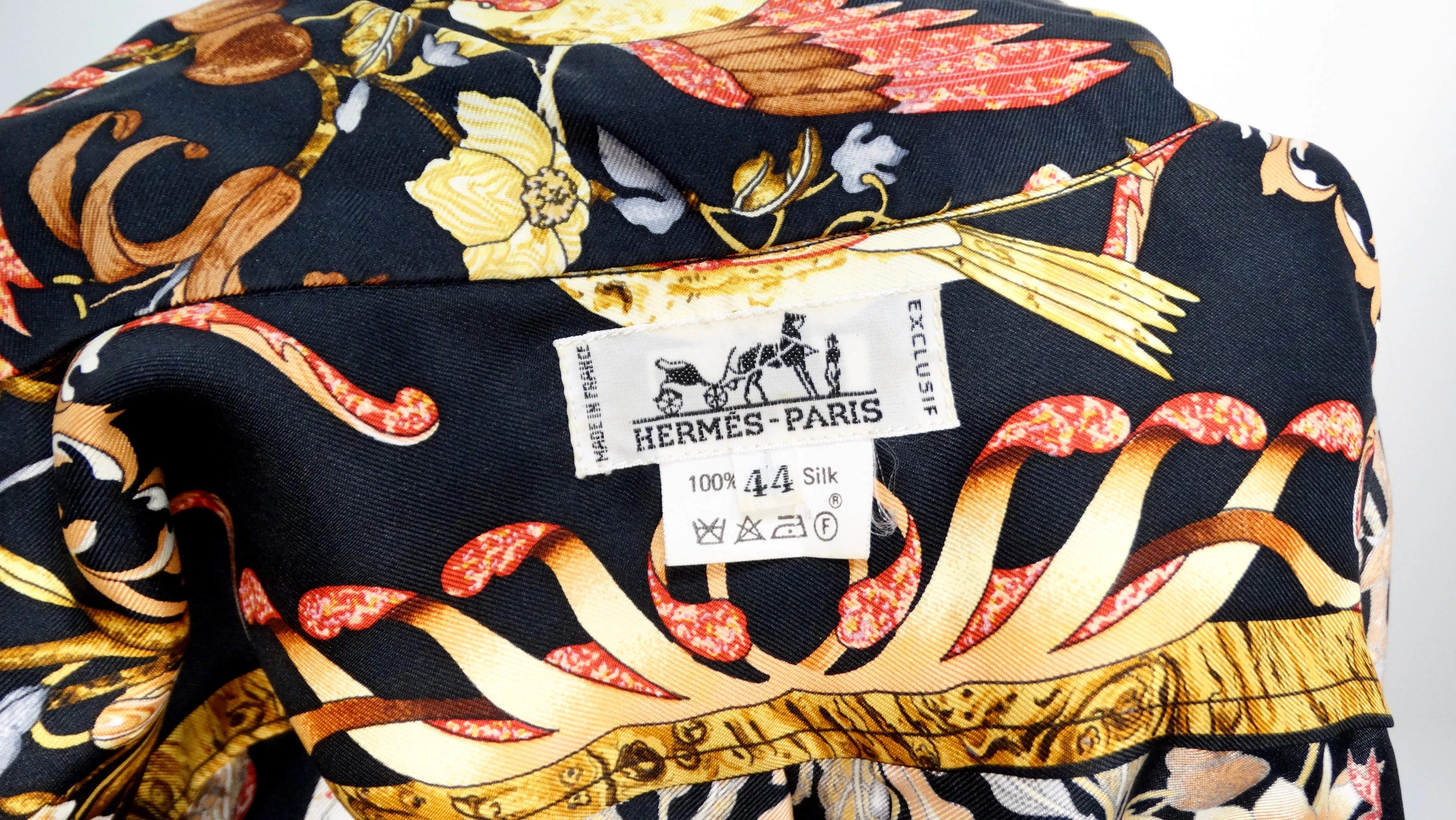 Hermes 1980s Floral and Bird Print Silk Button-Up Long-sleeve Shirt