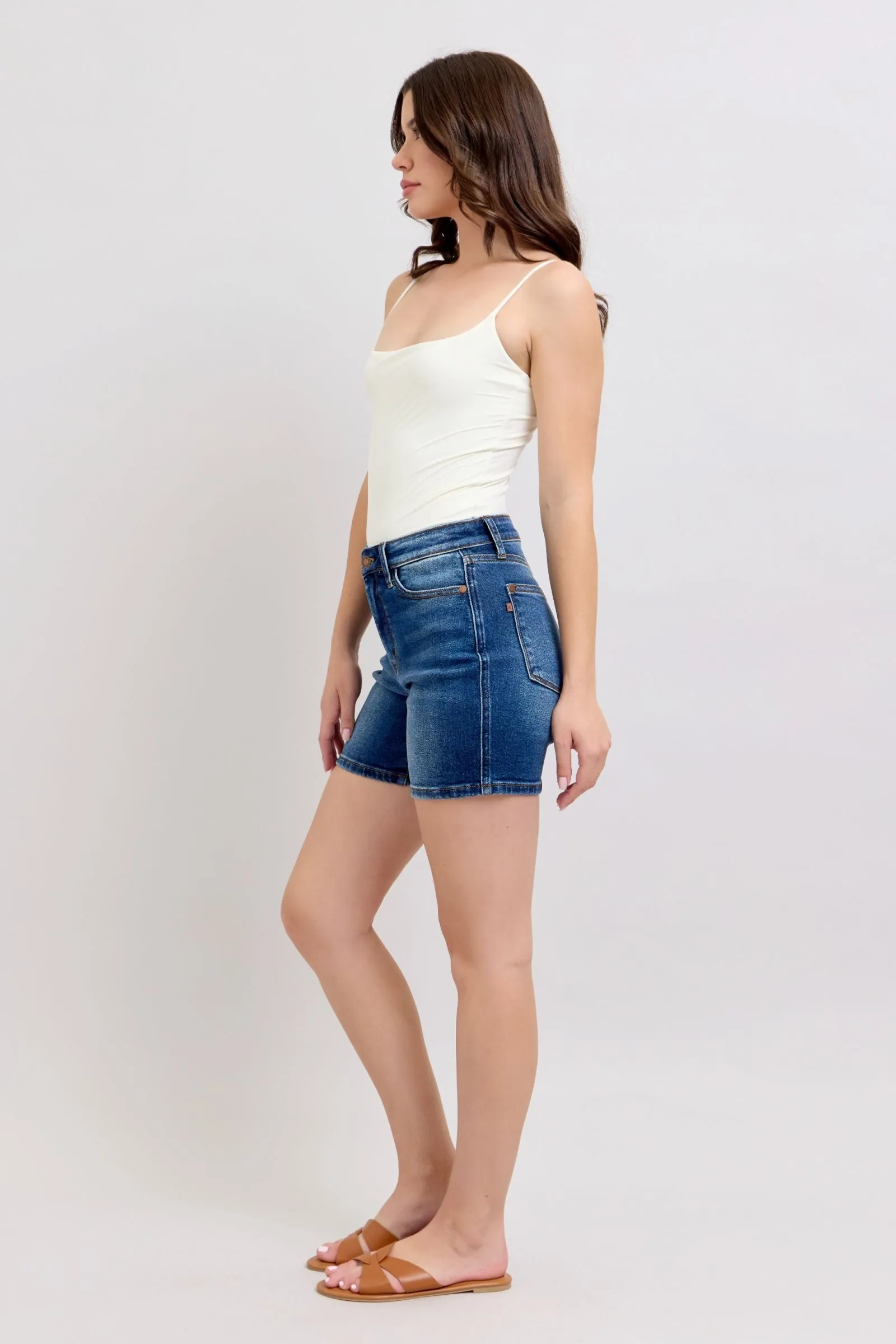 JUDY BLUE Dark Wash 2 Button Dad Denim Shorts