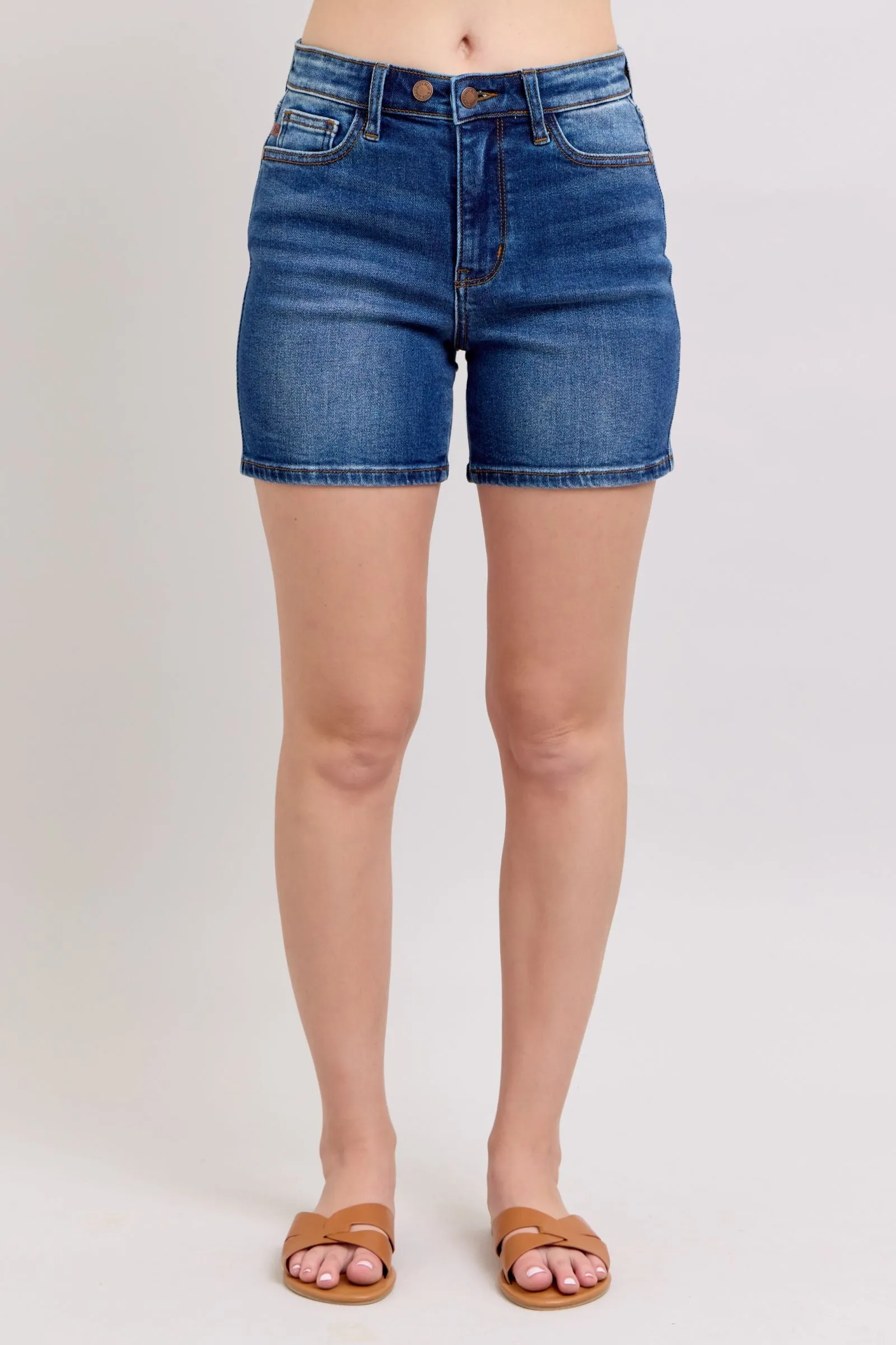 JUDY BLUE Dark Wash 2 Button Dad Denim Shorts
