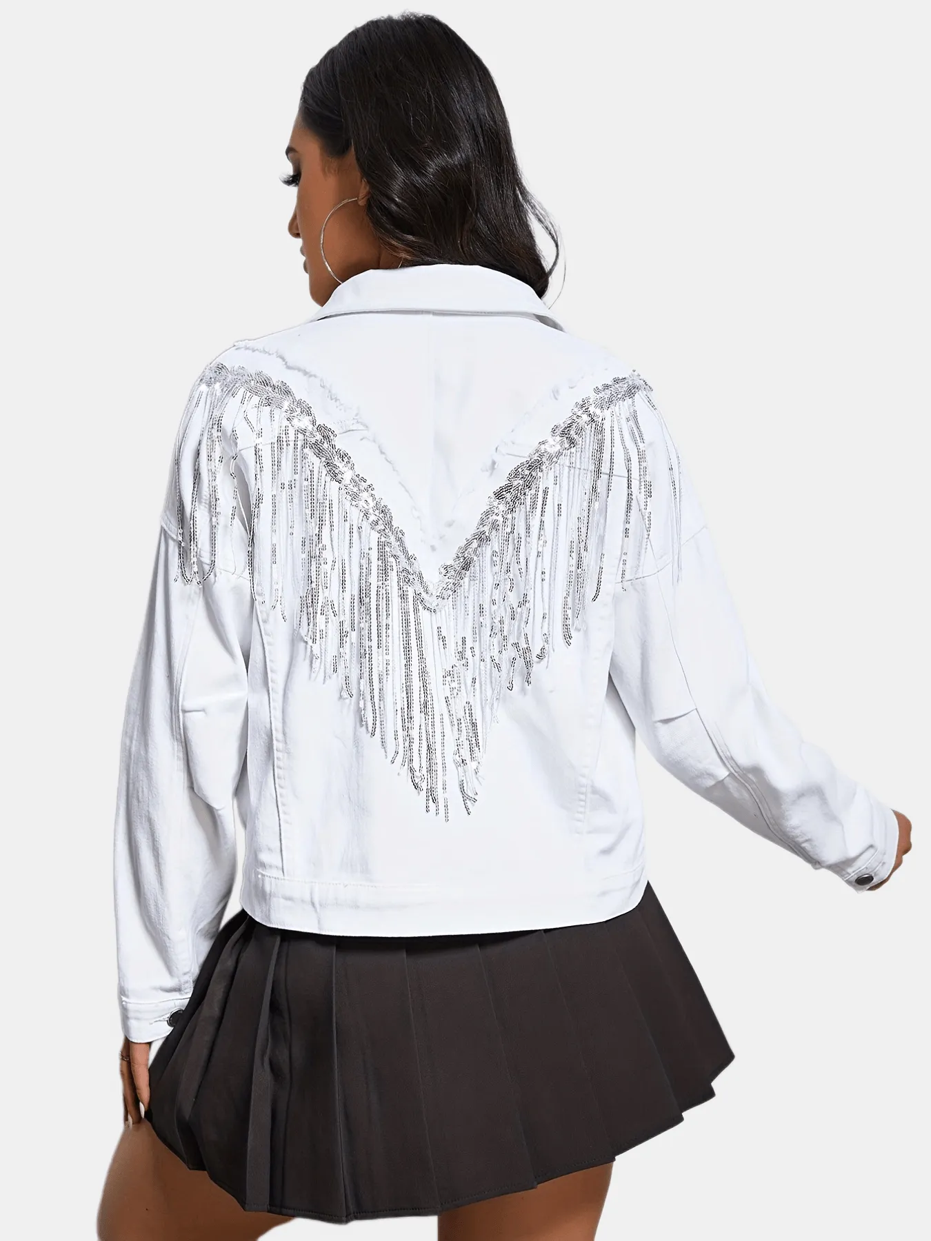 Light Blue Tassel Sequins Denim Jackets, Long Sleeve Flap Pockets Single-Breasted Button Loose Fit Denim Coats, Women's Denim Clothing