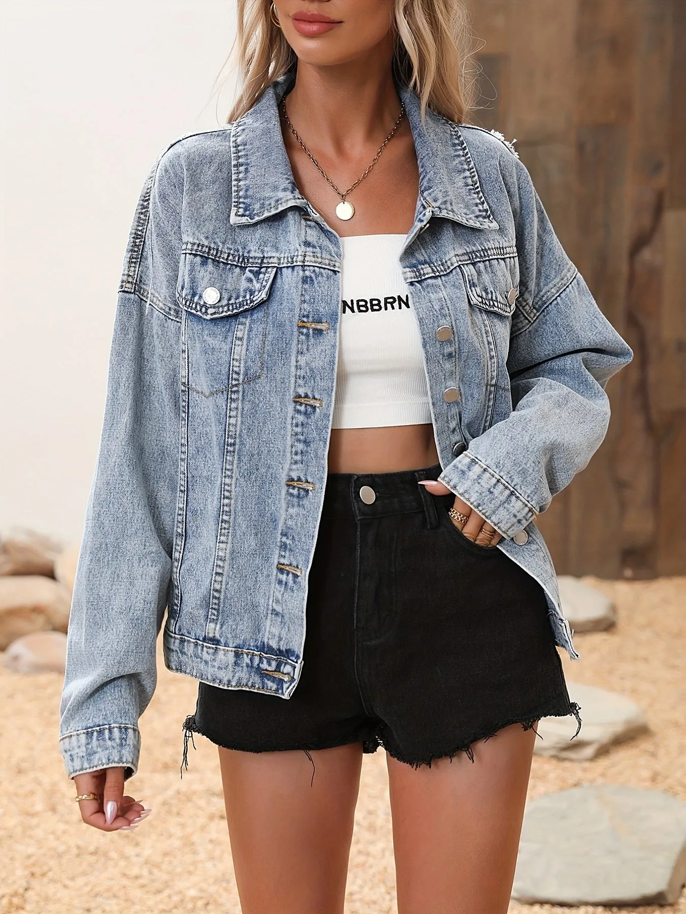 Light Blue Tassel Sequins Denim Jackets, Long Sleeve Flap Pockets Single-Breasted Button Loose Fit Denim Coats, Women's Denim Clothing