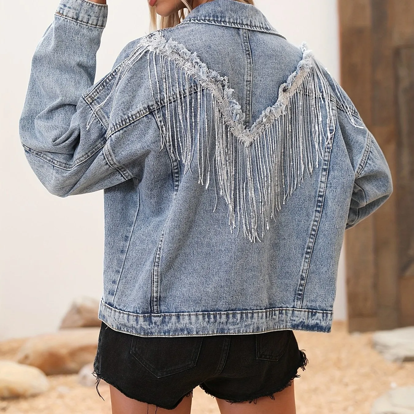 Light Blue Tassel Sequins Denim Jackets, Long Sleeve Flap Pockets Single-Breasted Button Loose Fit Denim Coats, Women's Denim Clothing